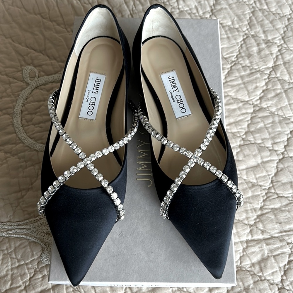 Jimmy Choo Black Satin Pointed Flats with Crystal Cross-Strap Detail